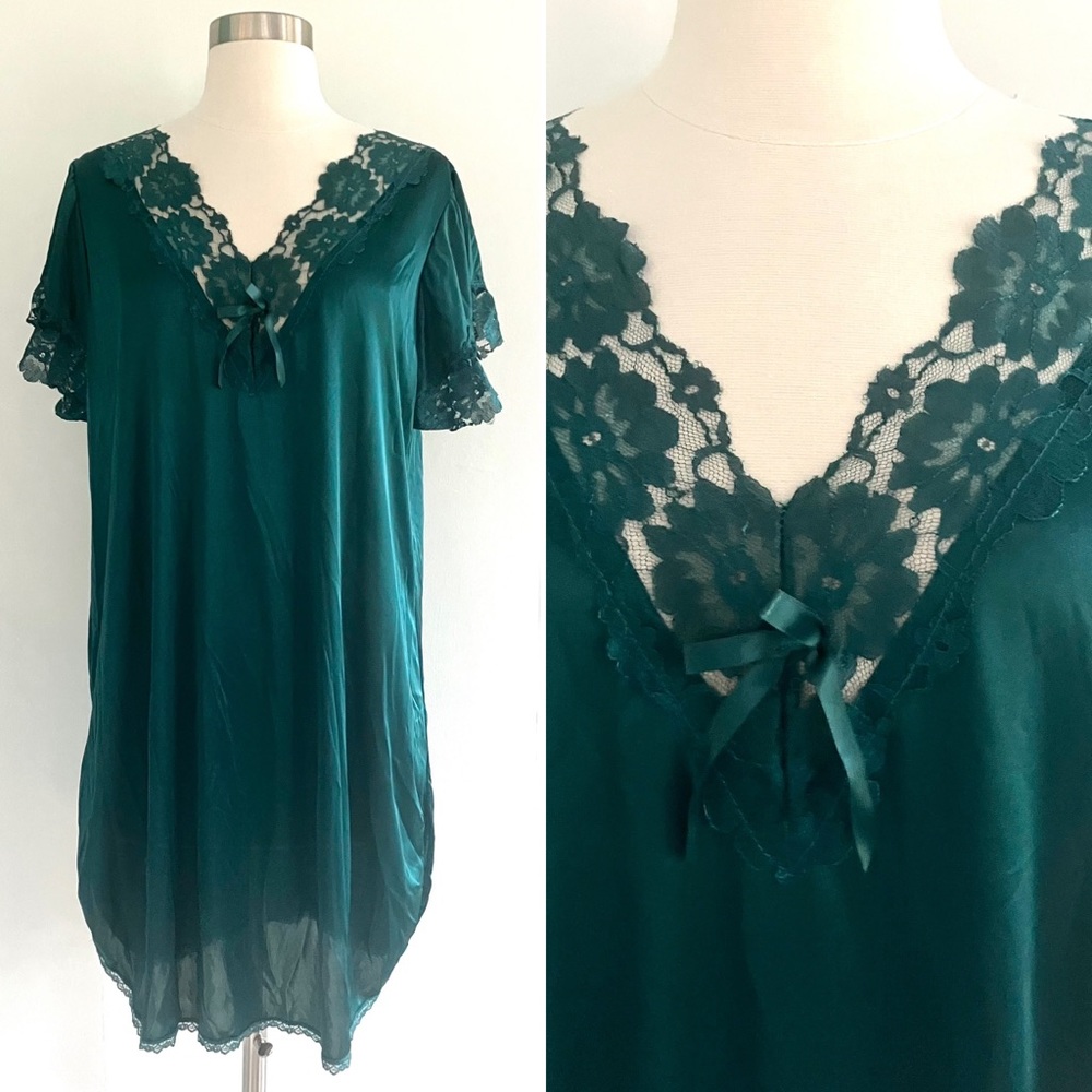 Vintage 80’s forest green lace slip dress lingerie nightie